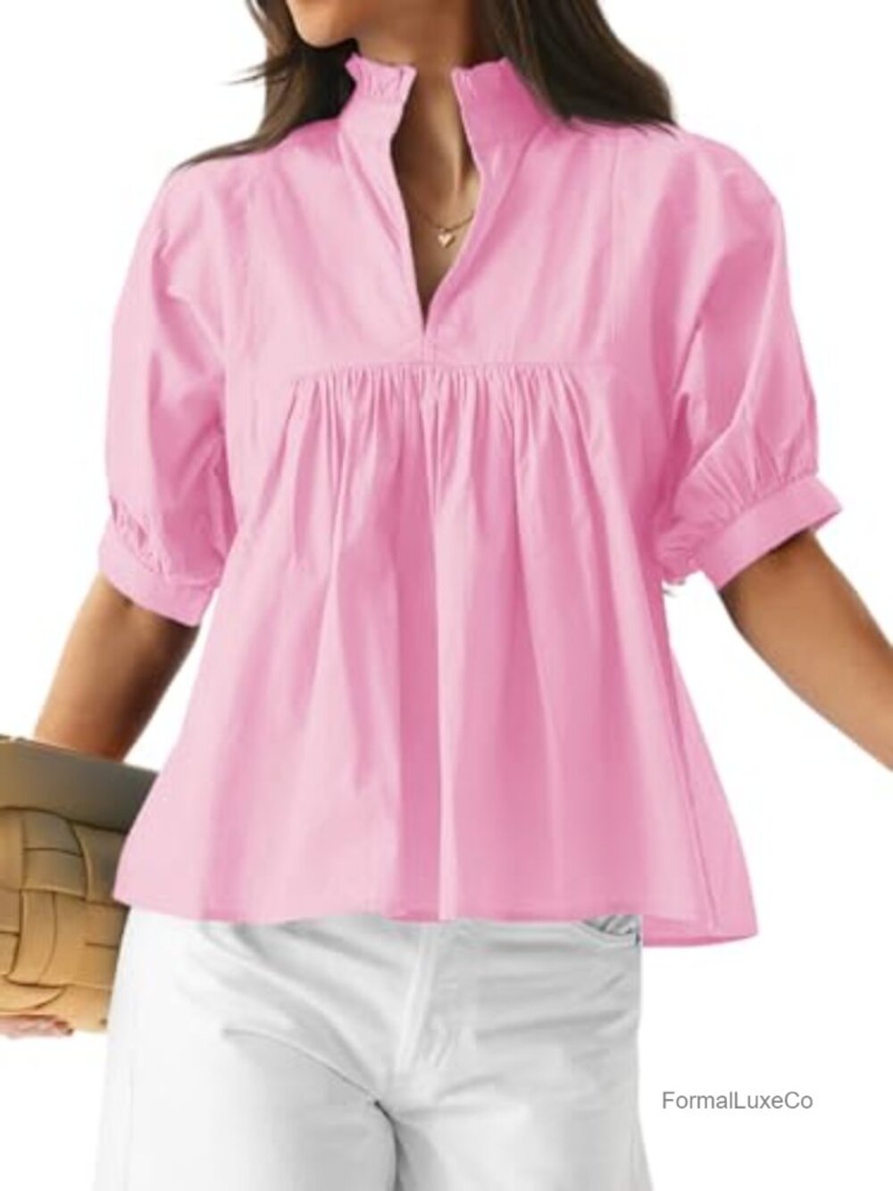 Womens 100% Cotton Babydoll Peplum V Neck Puff Sleeve Blouse Top